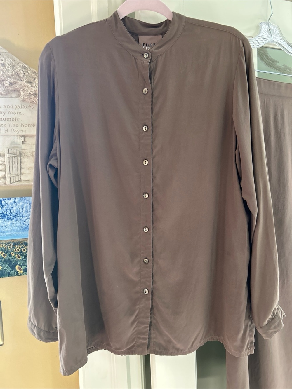 EILEEN FISHER NY TAUPE 100% SILK LONG TUNIC WRAP SKIRT SUIT SZ S/M EXCELLENT - Picture 2 of 12